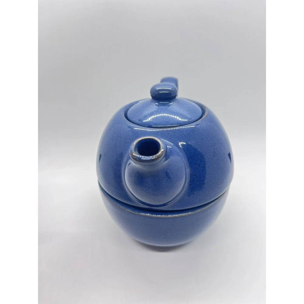 Blue PIER 1 Stoneware Teapot W/Mug Set ~ Stackable 3 Piece Set